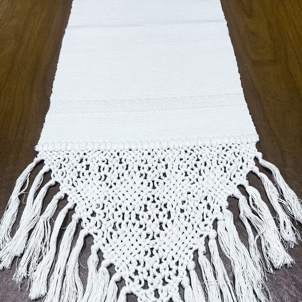 Handcrafted Macrame Fringed Ivory Table Runner Boho‎  Intricate Design 82X13